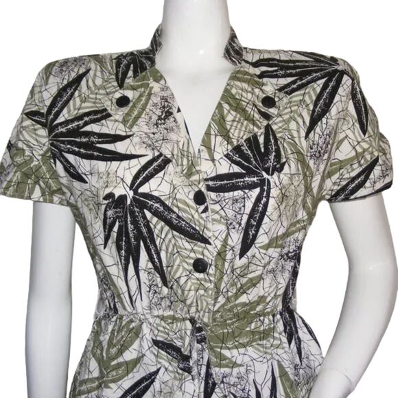 Vintage Dress, XS, Leaf Print, Peplum, Cotton, Off-white/Green, Buttoned top - Picture 2 of 13